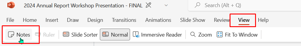 screen shot of how to select the notes view for a powerpoint presentation