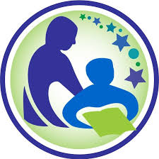 wisconsin department of public instruction logo featuring a motif of an adult watching over a child with an open book