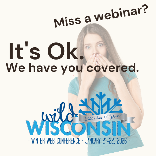 Text: Miss a webinar? It's Ok, we have you covered. Photo of female looking surprised,